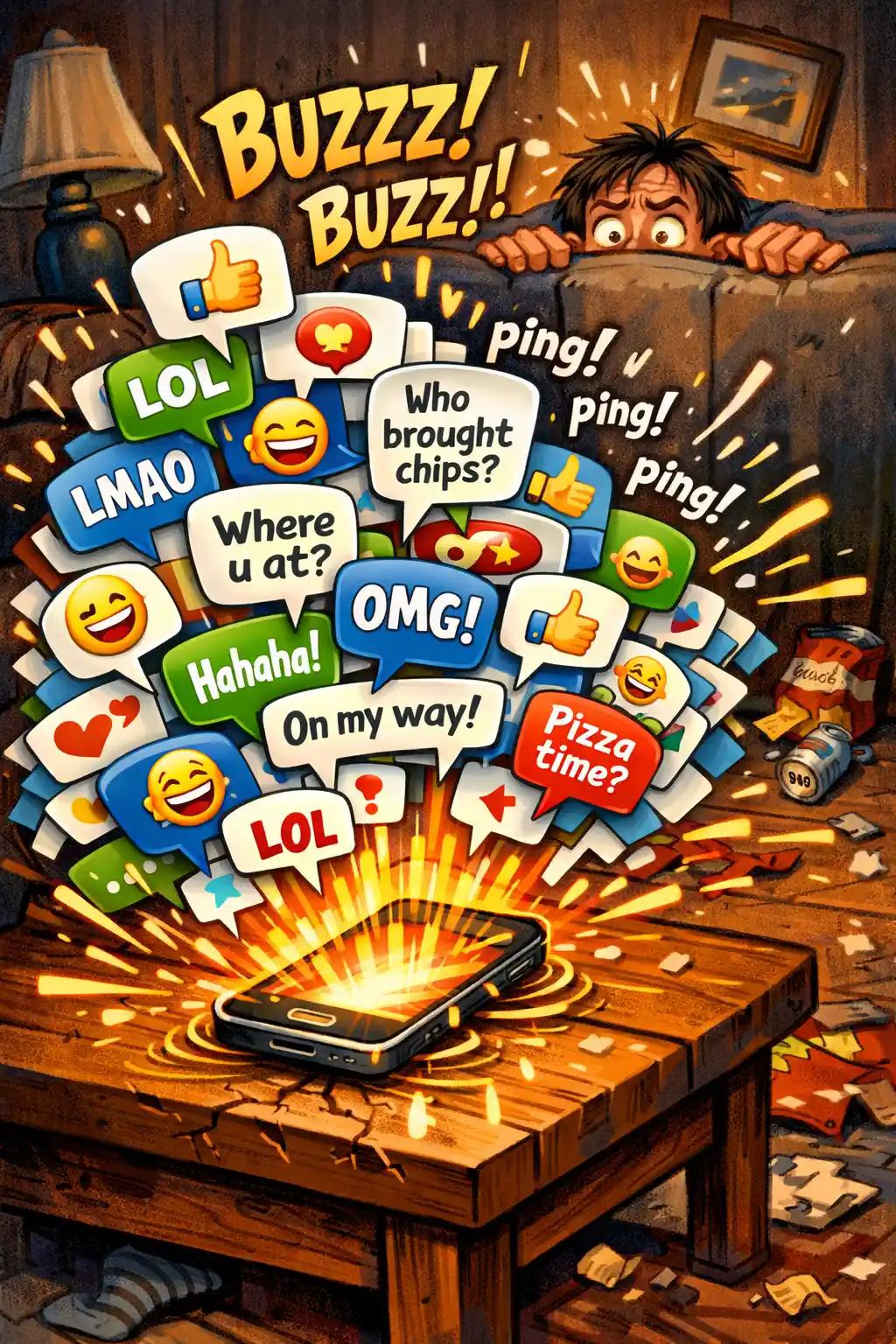 테이블 위에서 쉬지 않고 진동하는 빛나는 화면의 만화 핸드폰