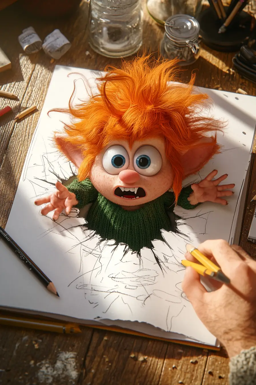 Evil troll emerging from sketchbook in artist studio