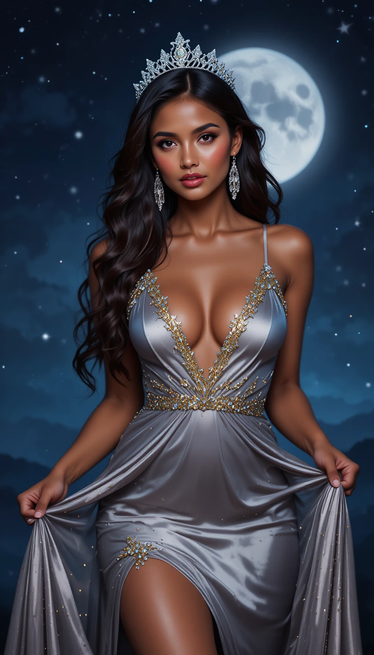 Elegante Frau im grauen Seidenkleid unter mondbeschienenem Himmel