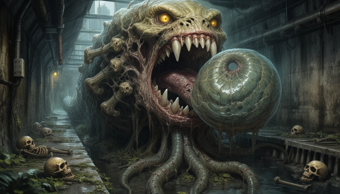 Grotesque Sewer Monster With Tentacled Maw And Skulls