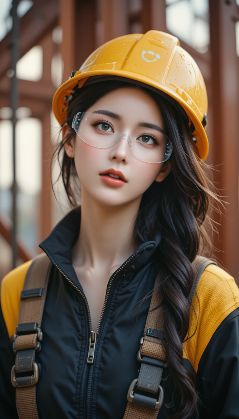 穿著安全裝備的女建築工人在鋼構結構上