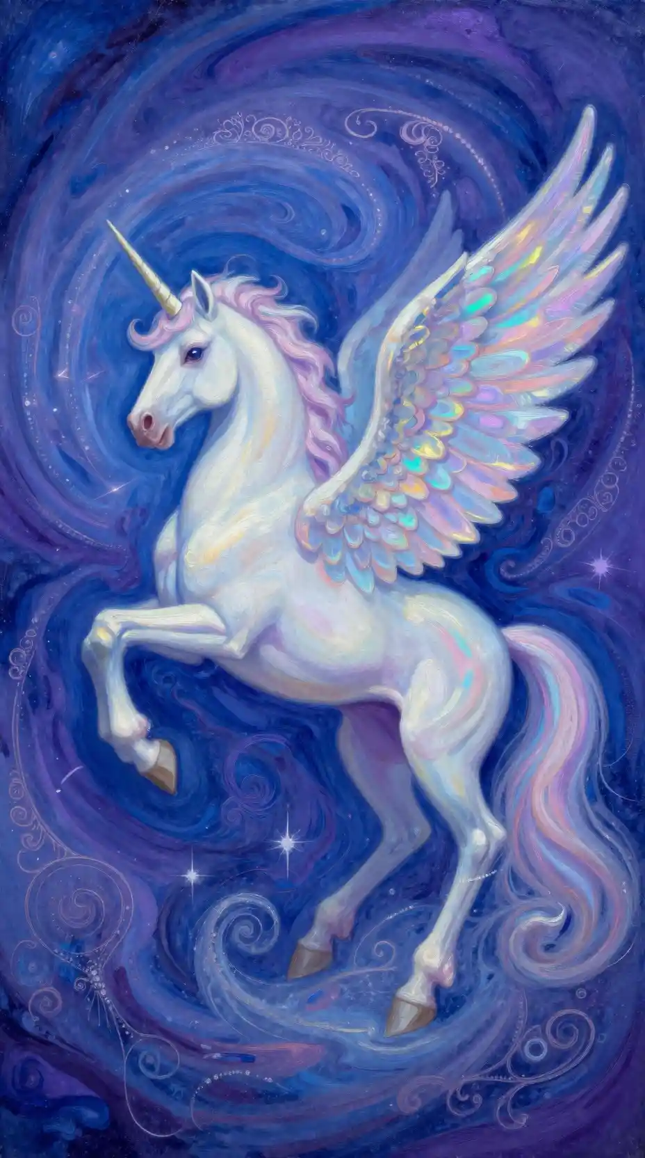Majestuoso unicornio alado en un paisaje onírico abstracto en espiral