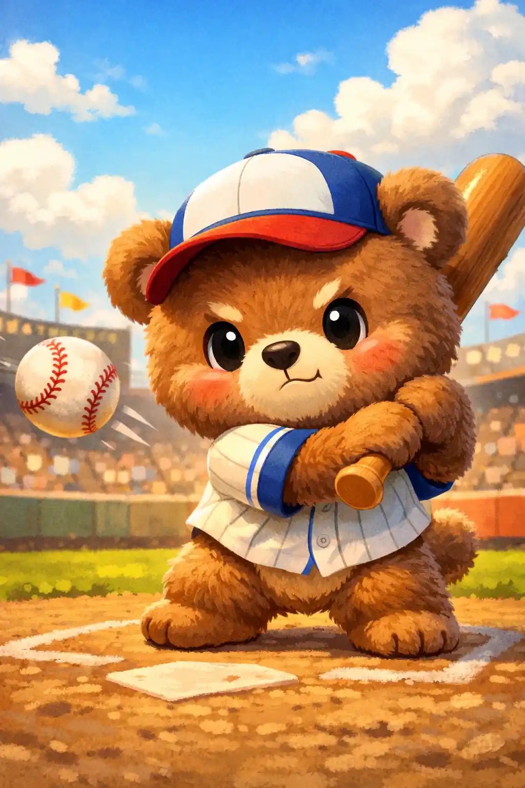 Niedlicher Cartoon-Bär spielt Baseball im sonnigen Stadion