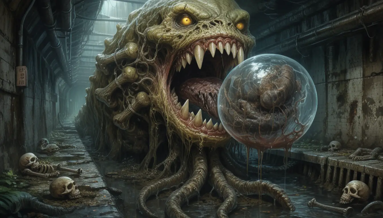 Monstro grotesco de esgoto com boca tentacular e ossos