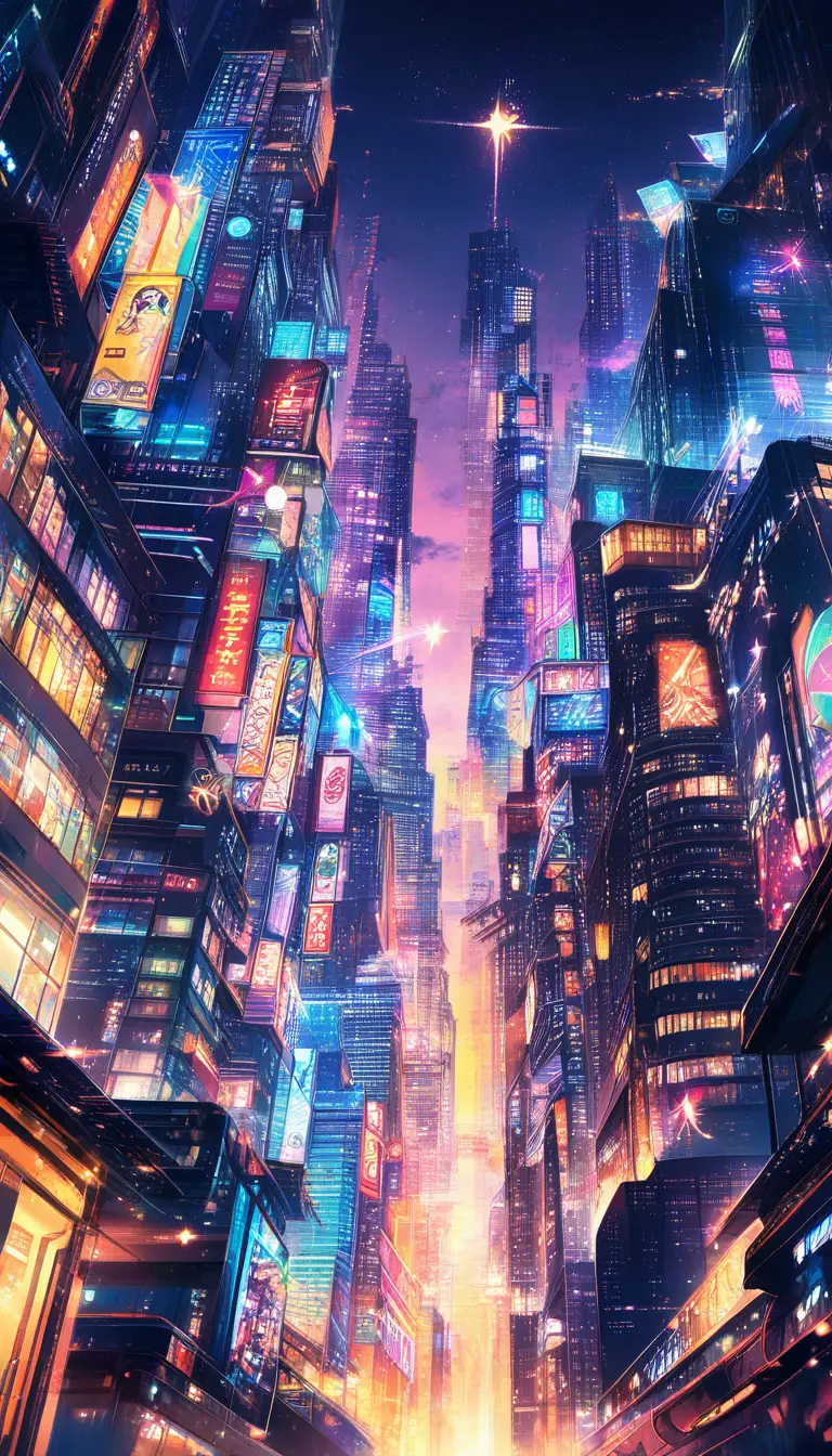 Skyline de ville futuriste illuminée de néons au crépuscule