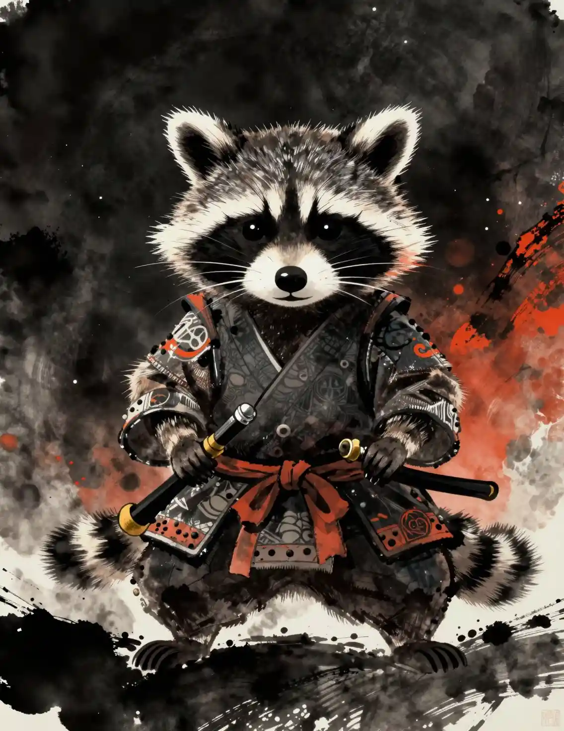 Samurai-Waschbärenkrieger, der im dramatischen Tiefenraum schwebt