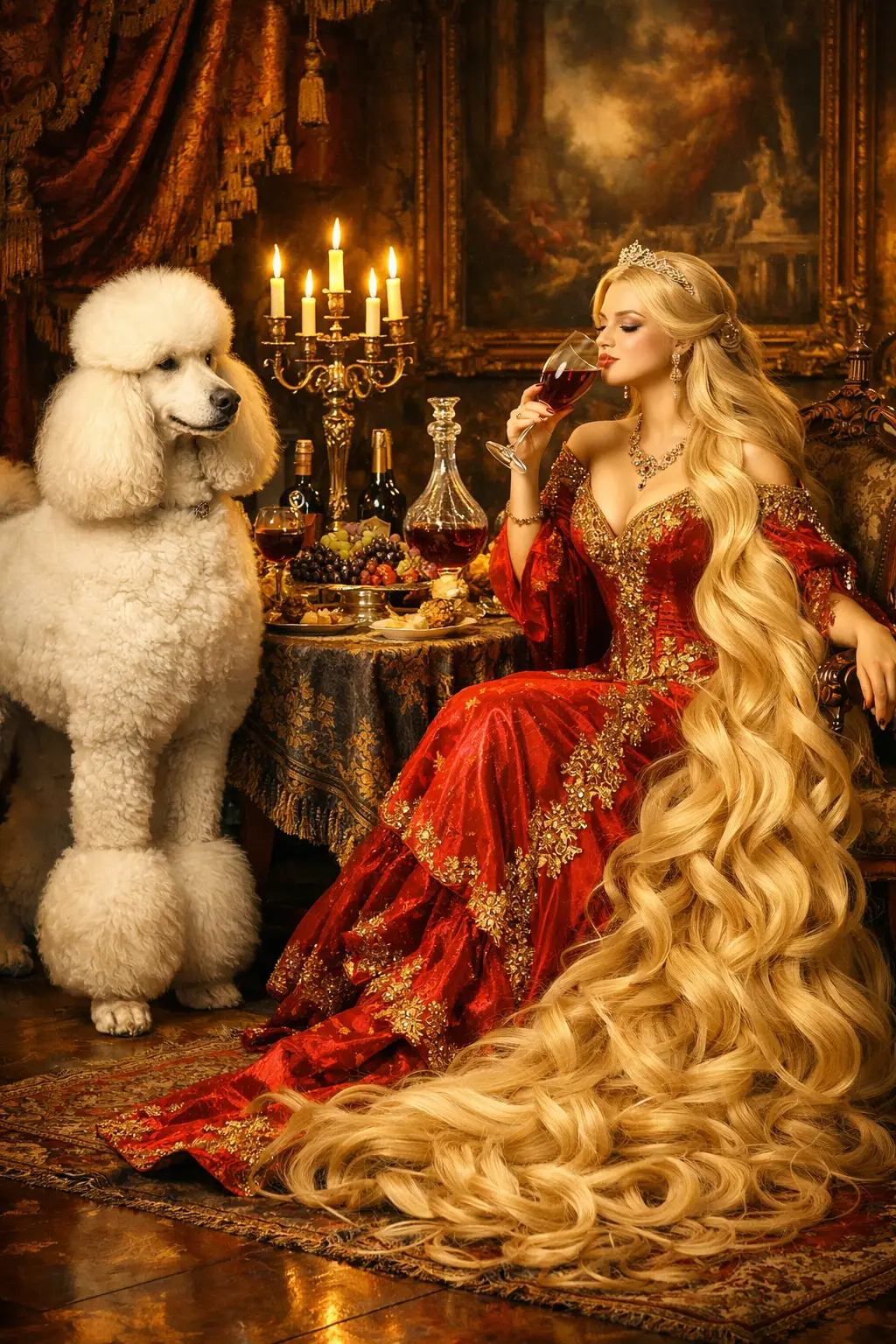 Elegante donna bionda in abito rosso a cena con barboncino bianco