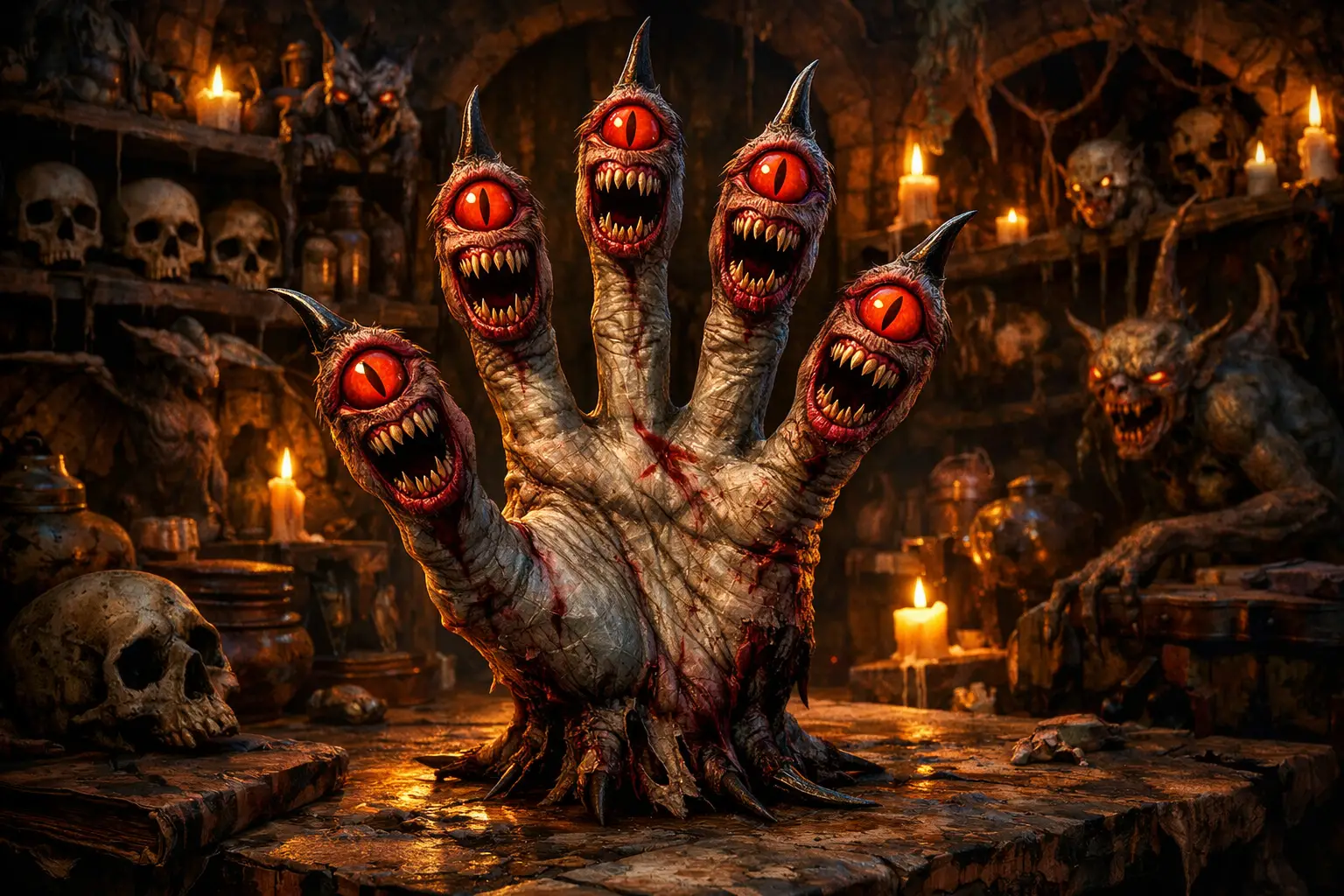 Creepy monster hand on an ancient table in eerie room