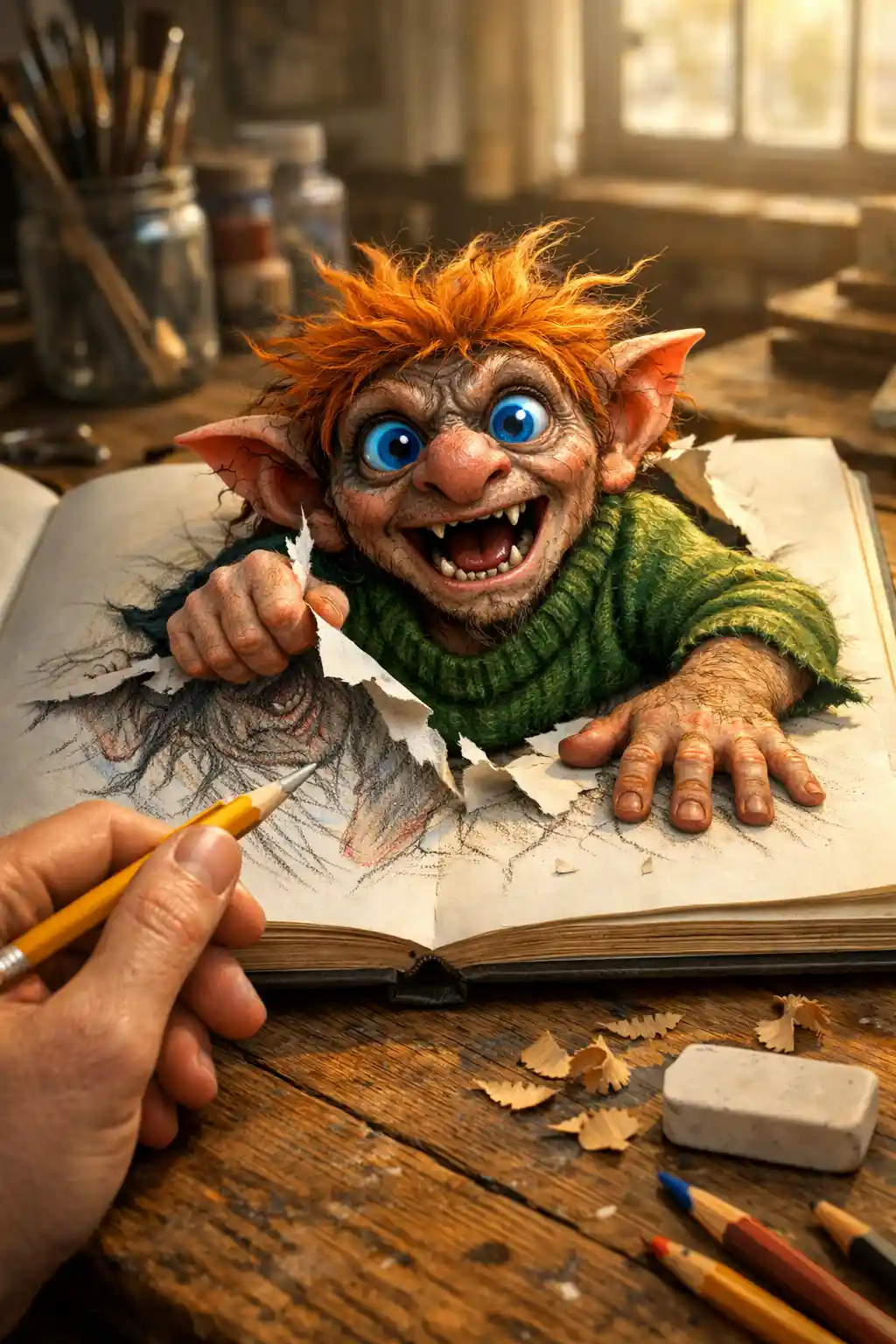 Troll Saindo de um Caderno de Esboços em Estúdio de Artista Iluminado pelo Sol