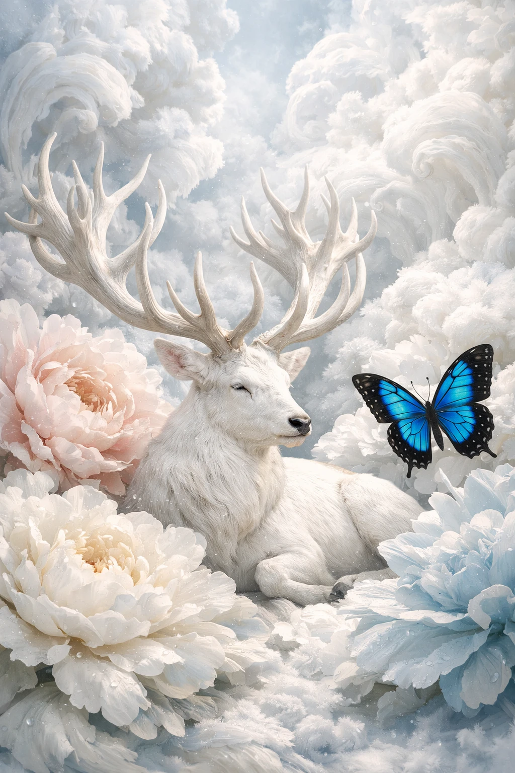 Cerf blanc se reposant parmi des fleurs géantes dans une brume surréaliste
