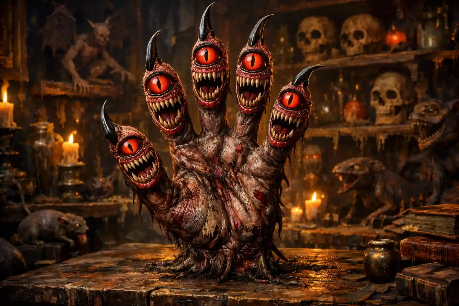 Mão assustadora de monstro sobre uma mesa antiga em ruínas