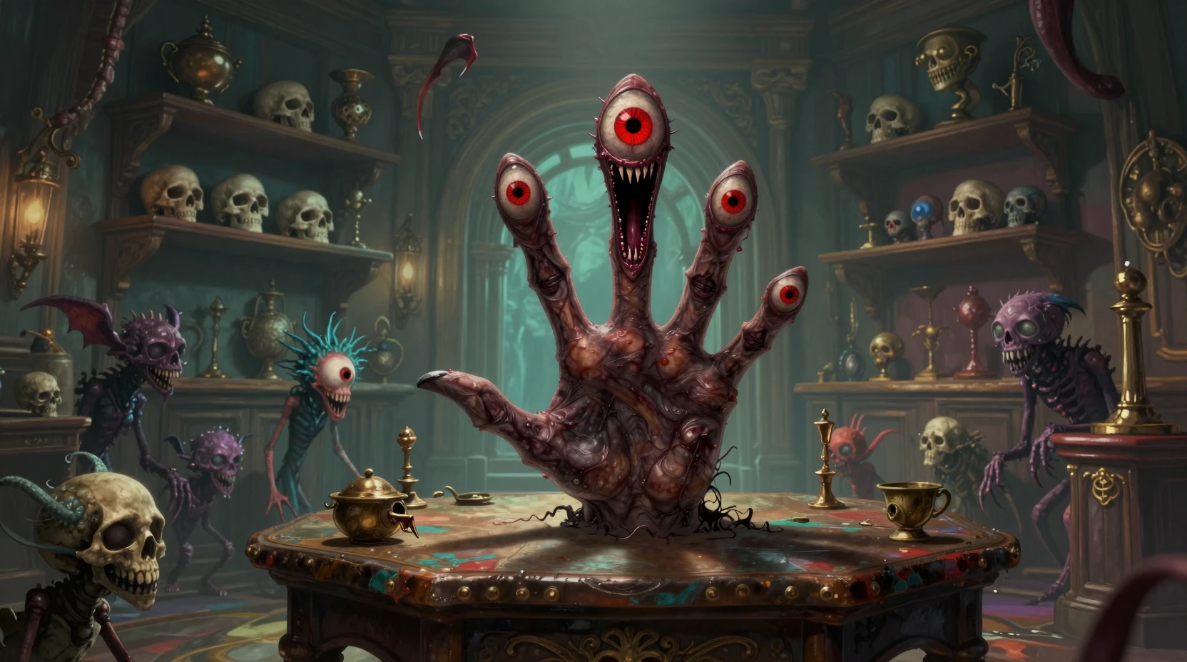 Mão de monstro assustadora com olhos surgindo de uma mesa antiga