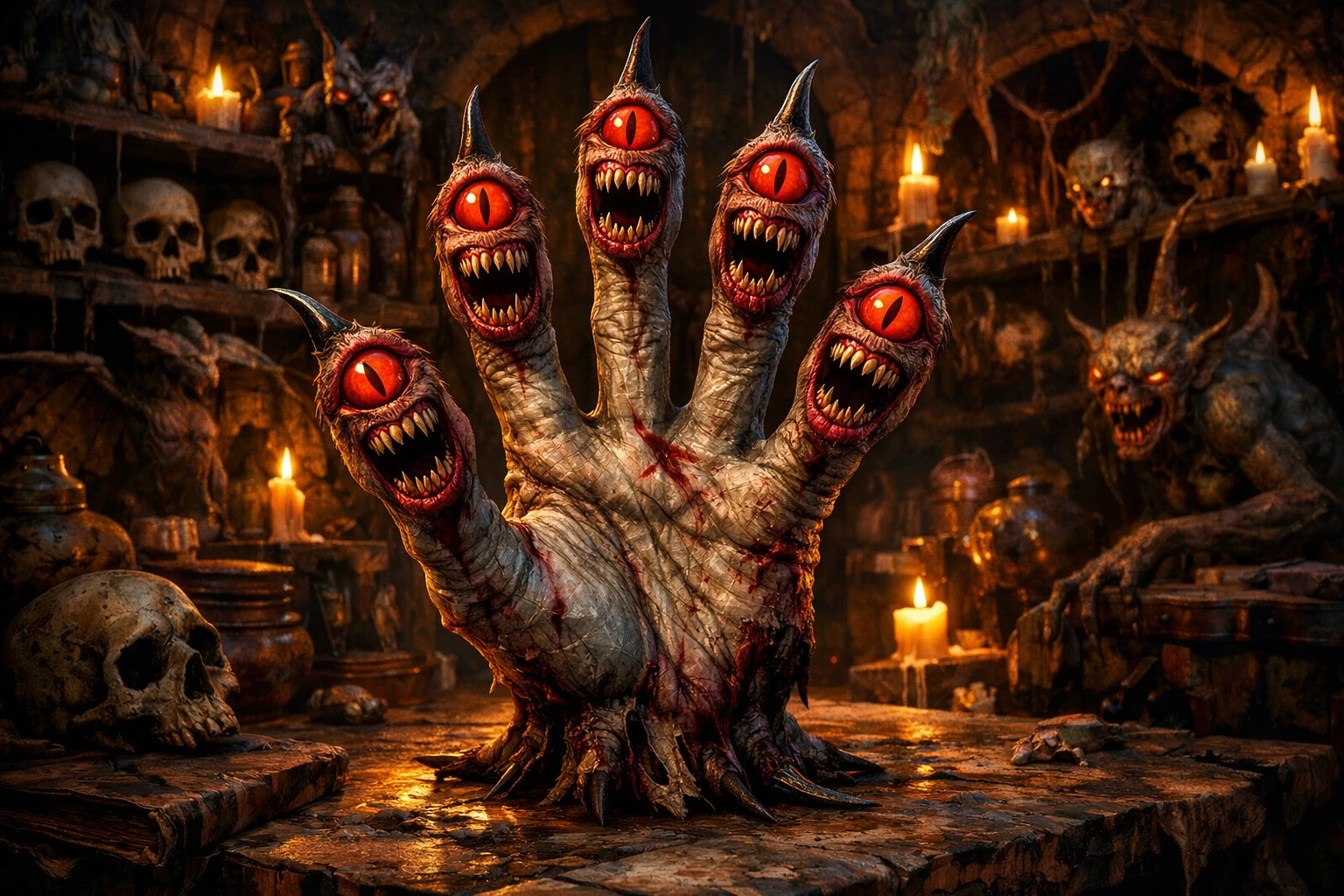 Creepy monster hand on an ancient table in eerie room