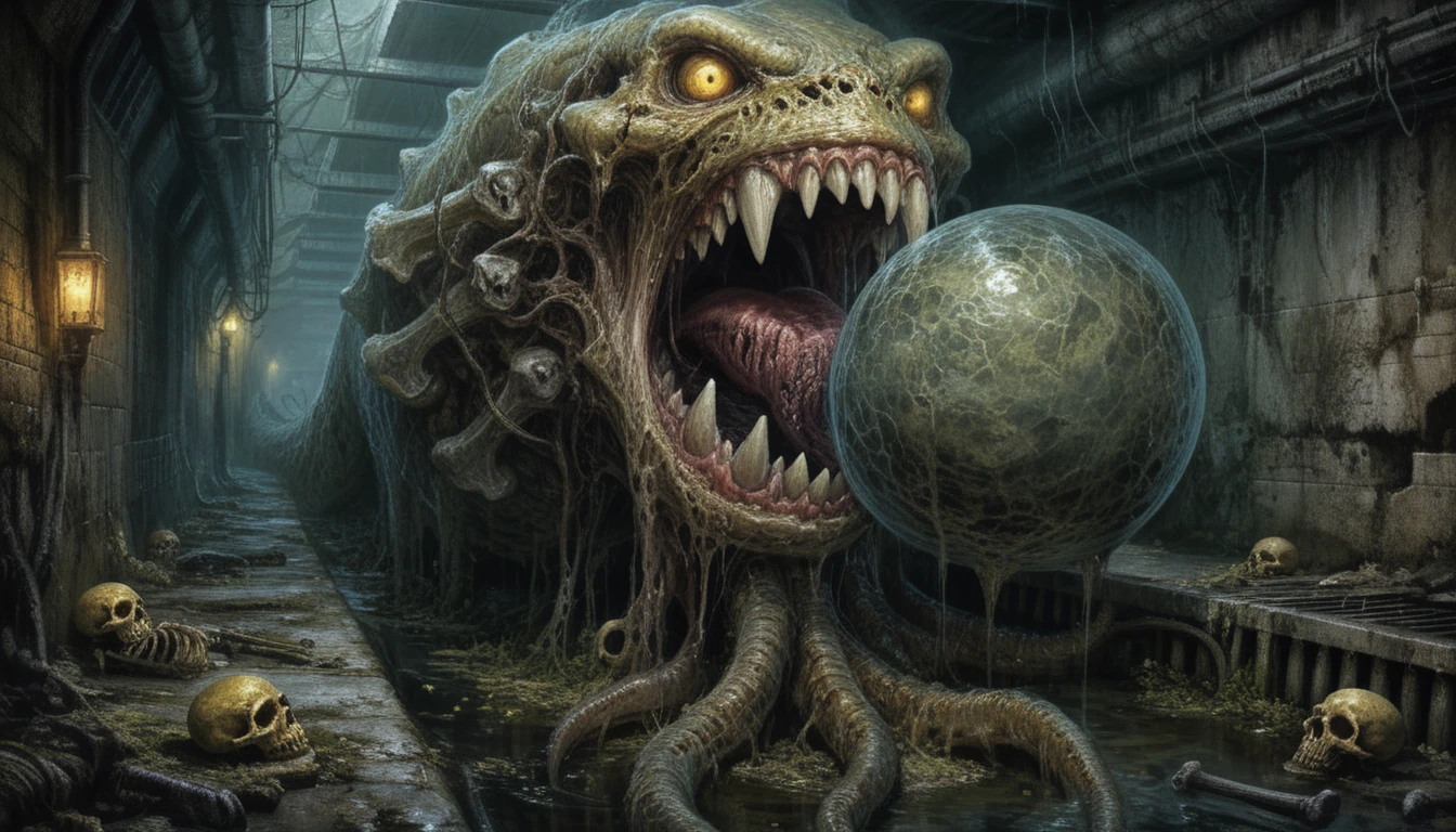 Monstro grotesco de esgoto com bocarra aberta e dentes serrilhados