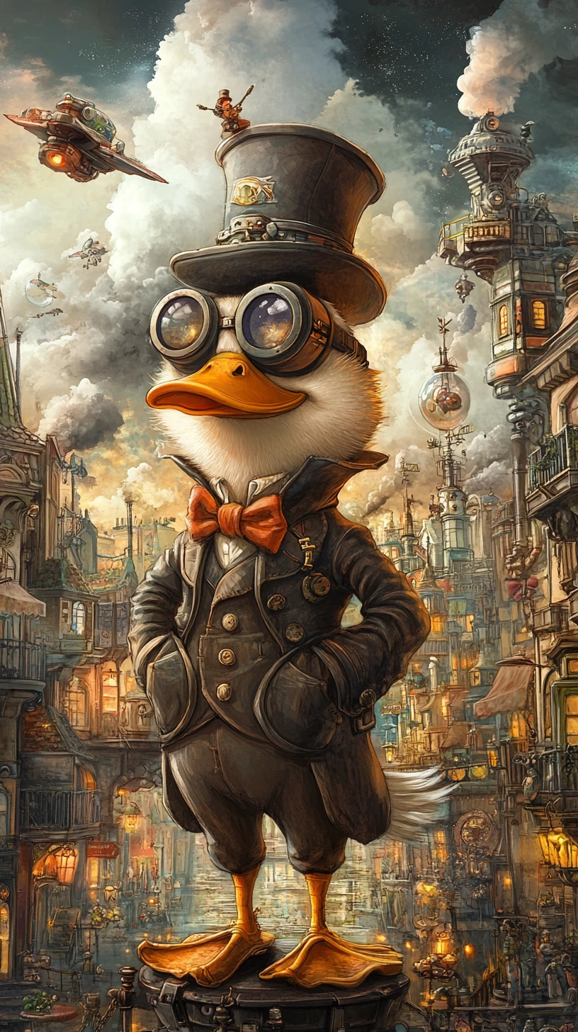 Pato elegante em uma paisagem urbana em miniatura steampunk e fantasiosa