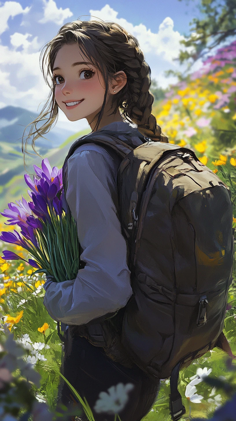 背包中灑出花朵的微笑動漫少女