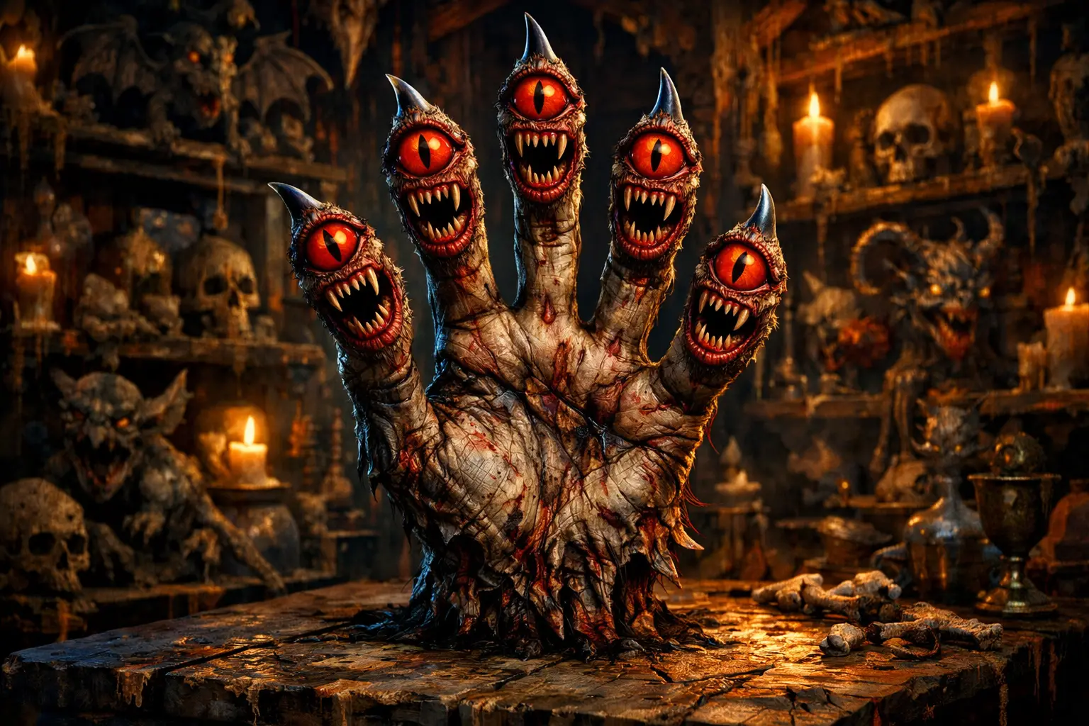 Creepy Monster Hand On Ancient Table In Artifact Filled Room