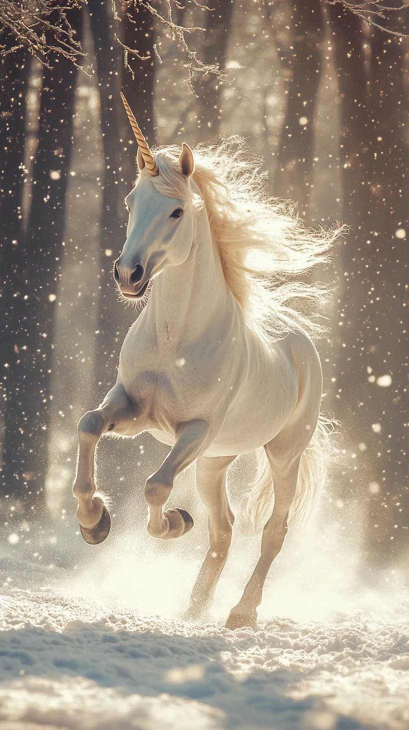 Maestoso unicorno che corre in una foresta invernale incantata