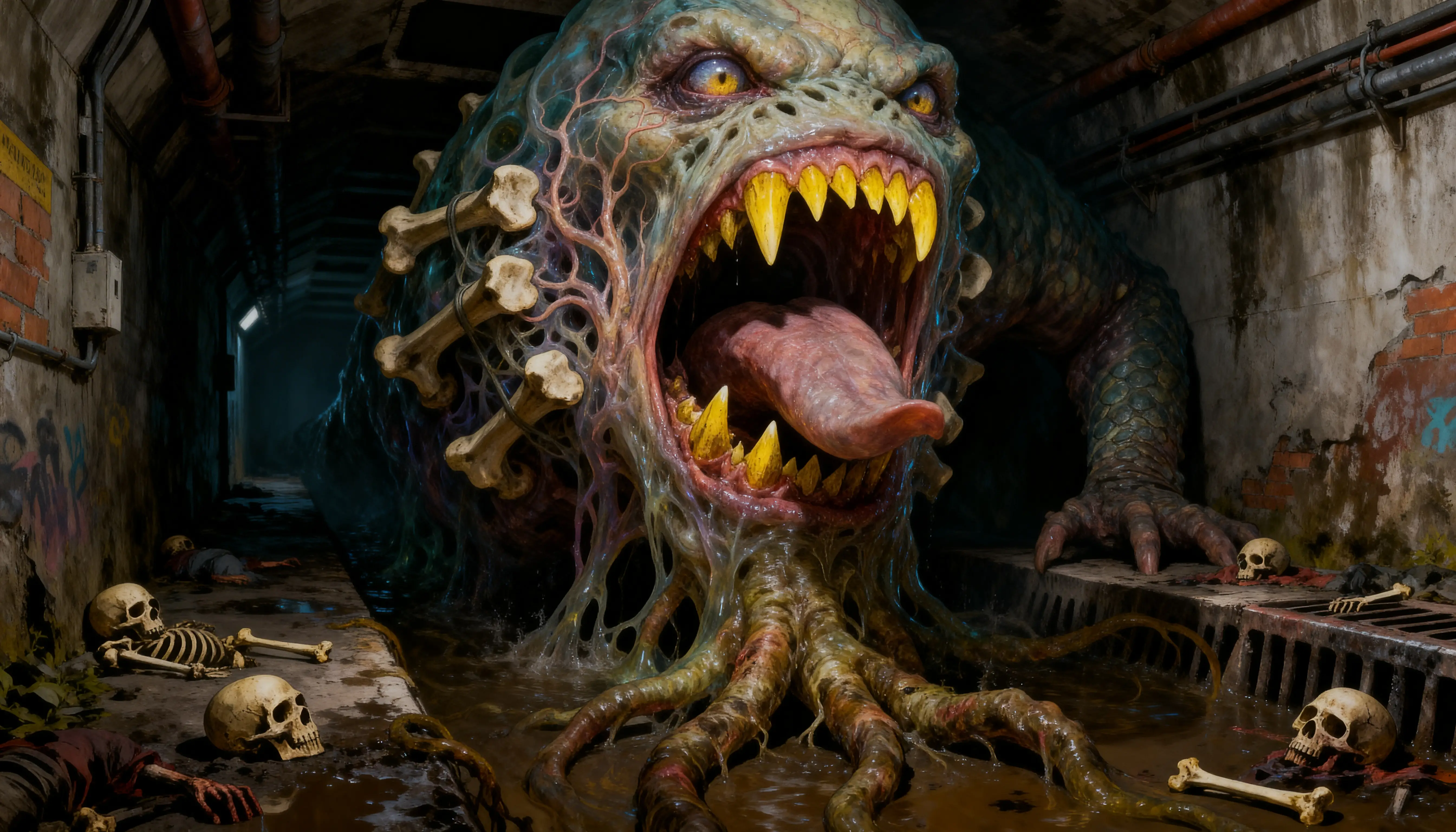 Monstro grotesco de esgoto com bocarra escancarada e dentes serrilhados