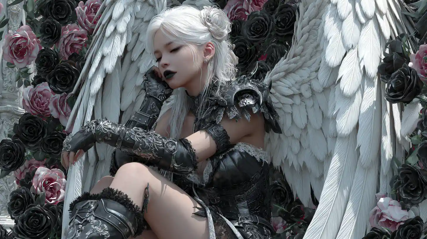 Ange gothique en armure de cuir dans un jardin de roses noires