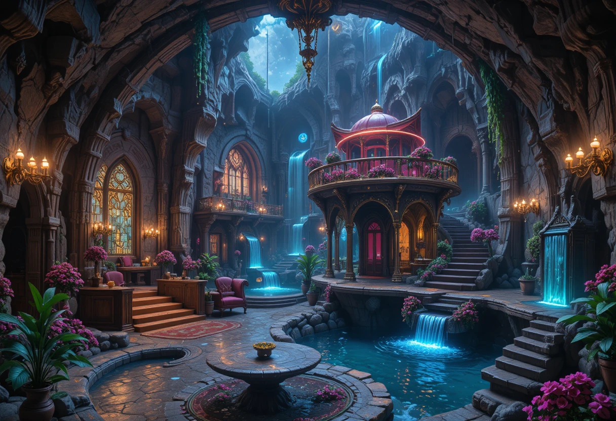 Maximalistische Höhlenhaus-Innenräume mit Neonbögen und Wasserfällen