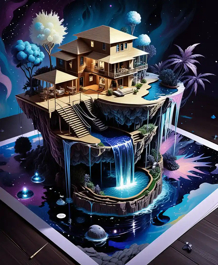 Vila na Ilha Flutuante Diorama 3D Fantasia com Cachoeiras