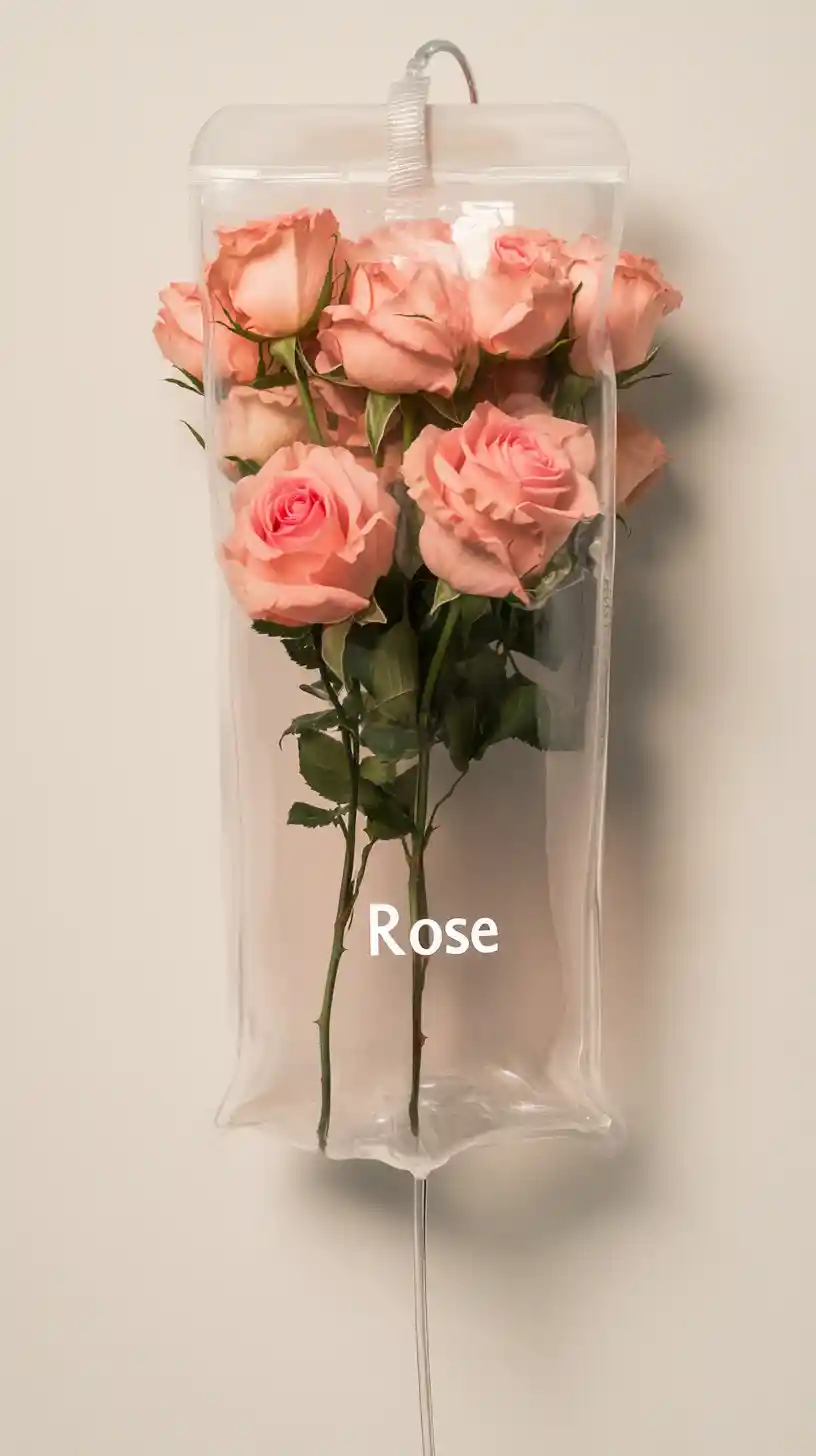 Iv bag filled with roses on a light solid background
