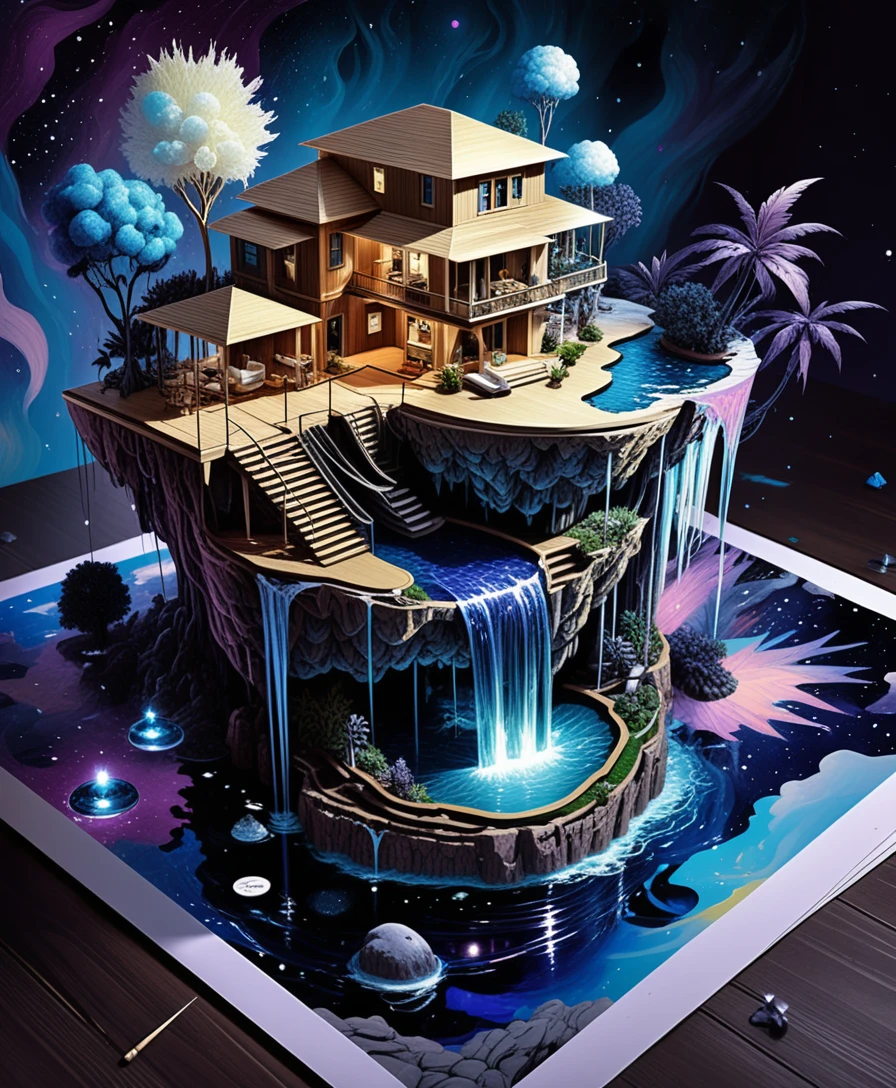 Vila na Ilha Flutuante Diorama 3D Fantasia com Cachoeiras
