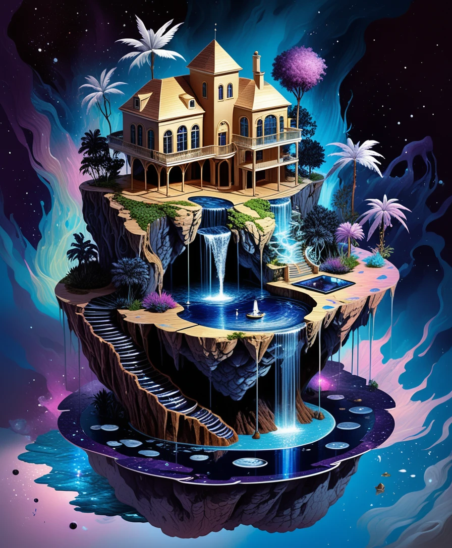 Diorama de vila em ilha flutuante com quedas d’água em cascata