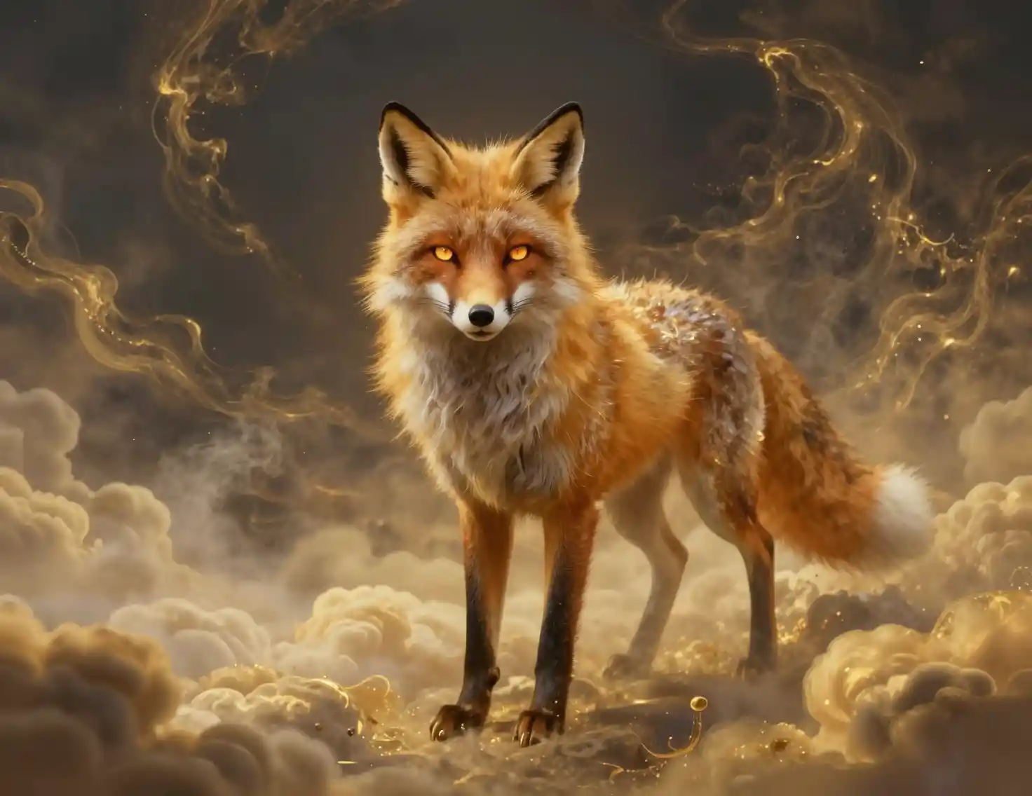Majestueux esprit de renard doré émergeant de nuages tourbillonnants