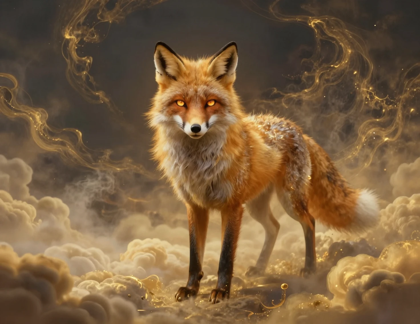 Majestueux esprit de renard doré émergeant de nuages tourbillonnants