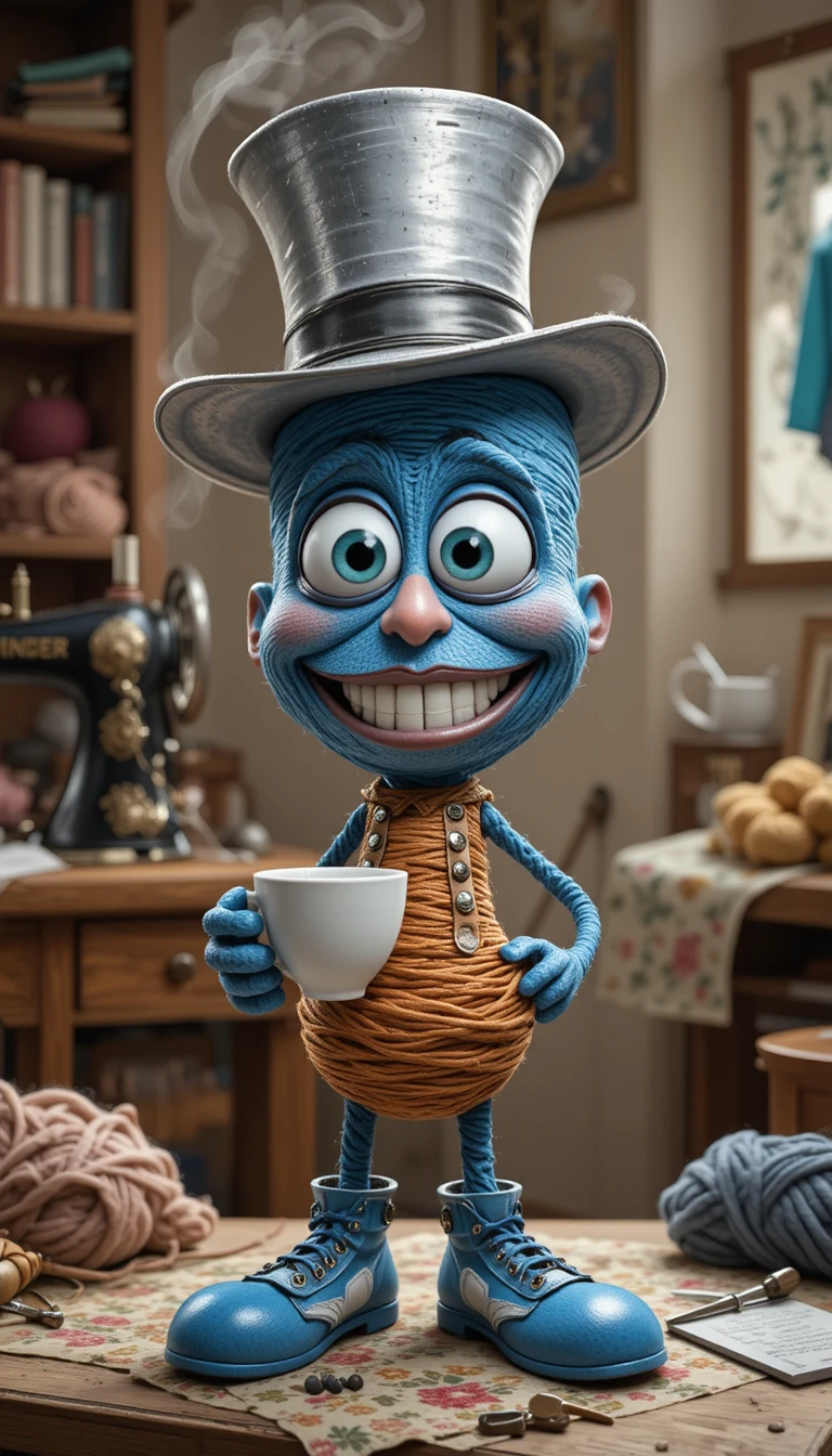 Buffo personaggio di filo cartoon che sorseggia caffè accanto alla macchina da cucire