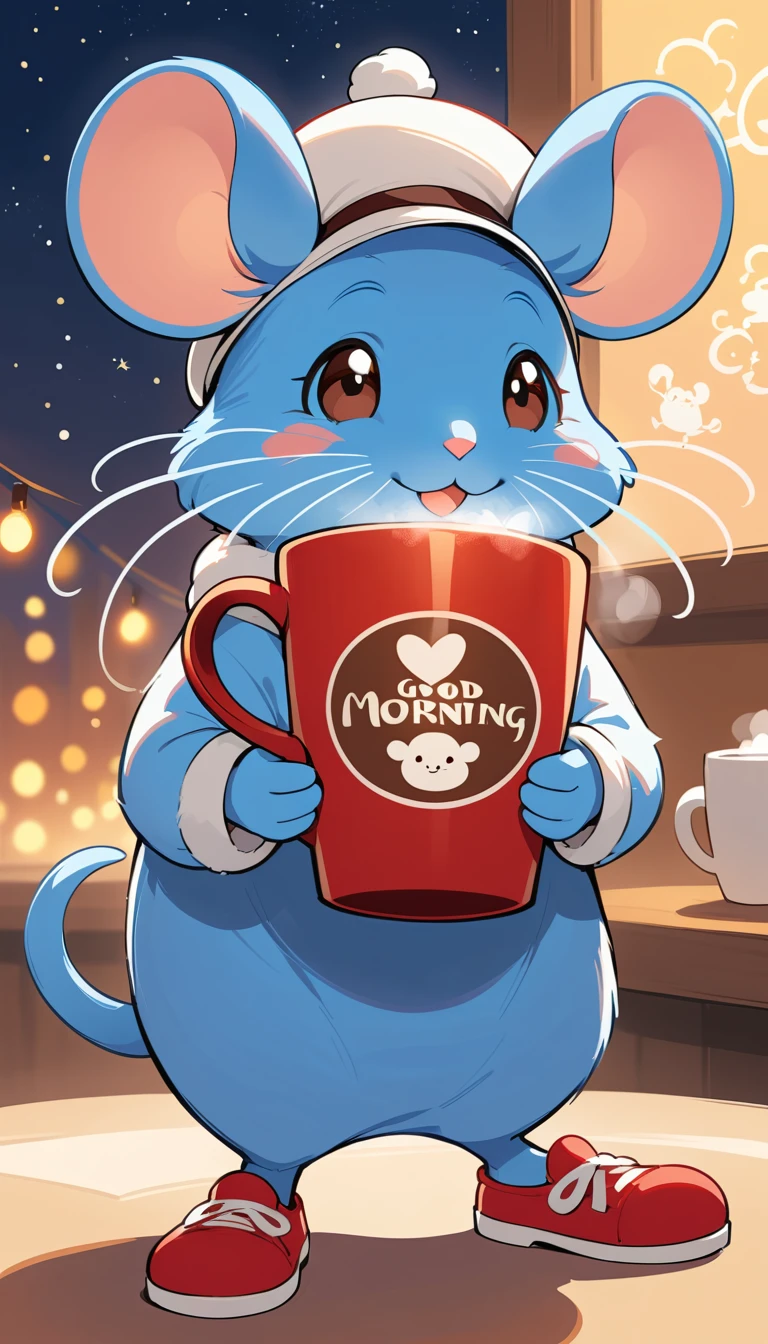 Rato azul alegre de desenho animado aproveitando o café da manhã