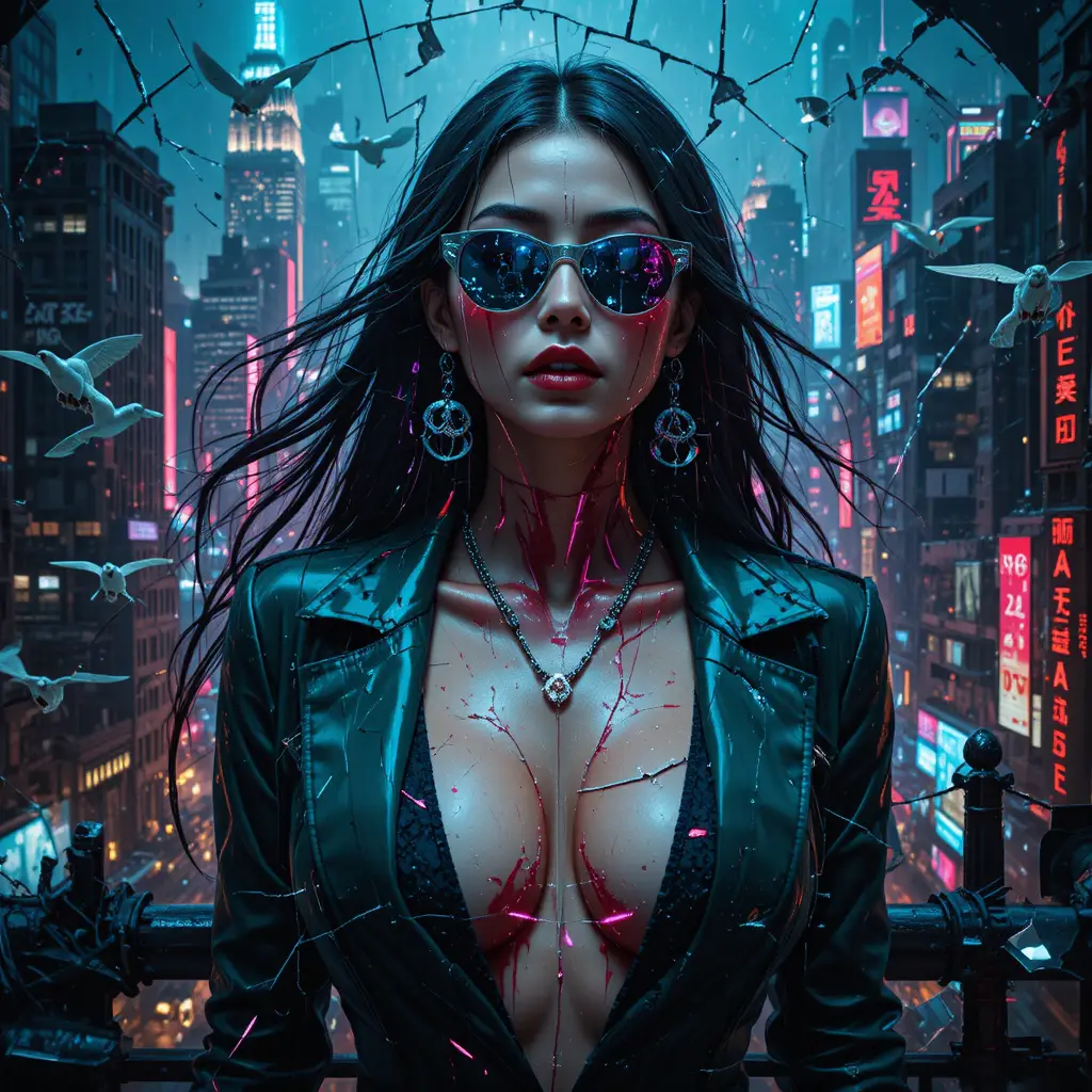 Cyber noir mural portrait of a mysterious femme fatale