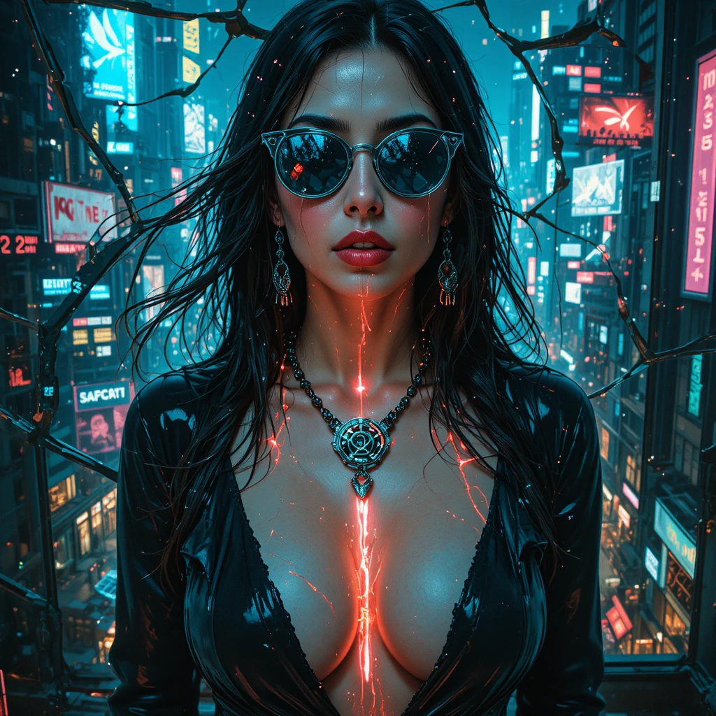 Murale di femme fatale cyberpunk su facciata di vetro in frantumi
