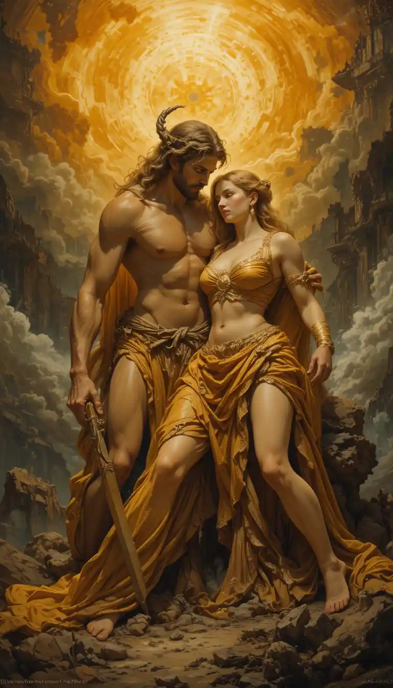 Le dieu guerrier Arès avec sa femme dans une scène baroque orageuse