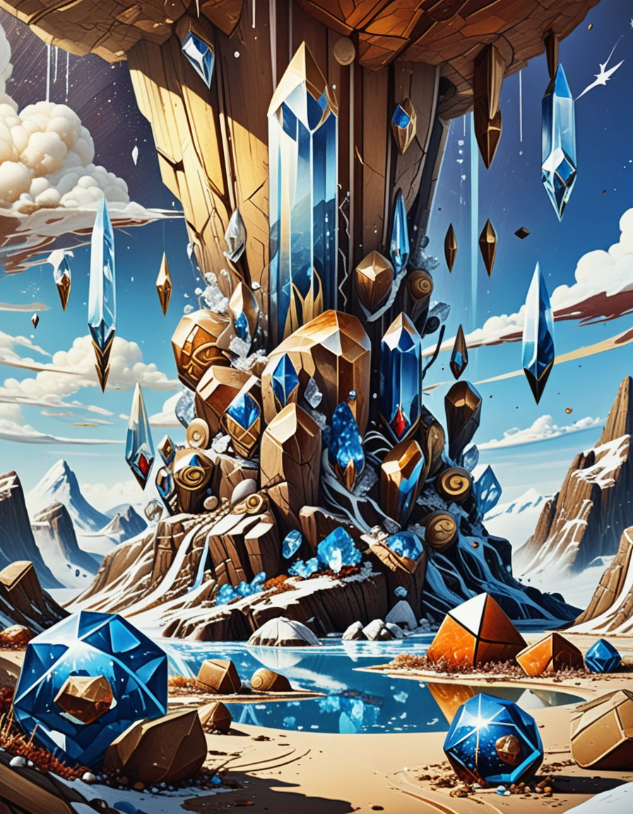 Paysage fantastique surréaliste avec d’énormes cristaux surgissant de la terre