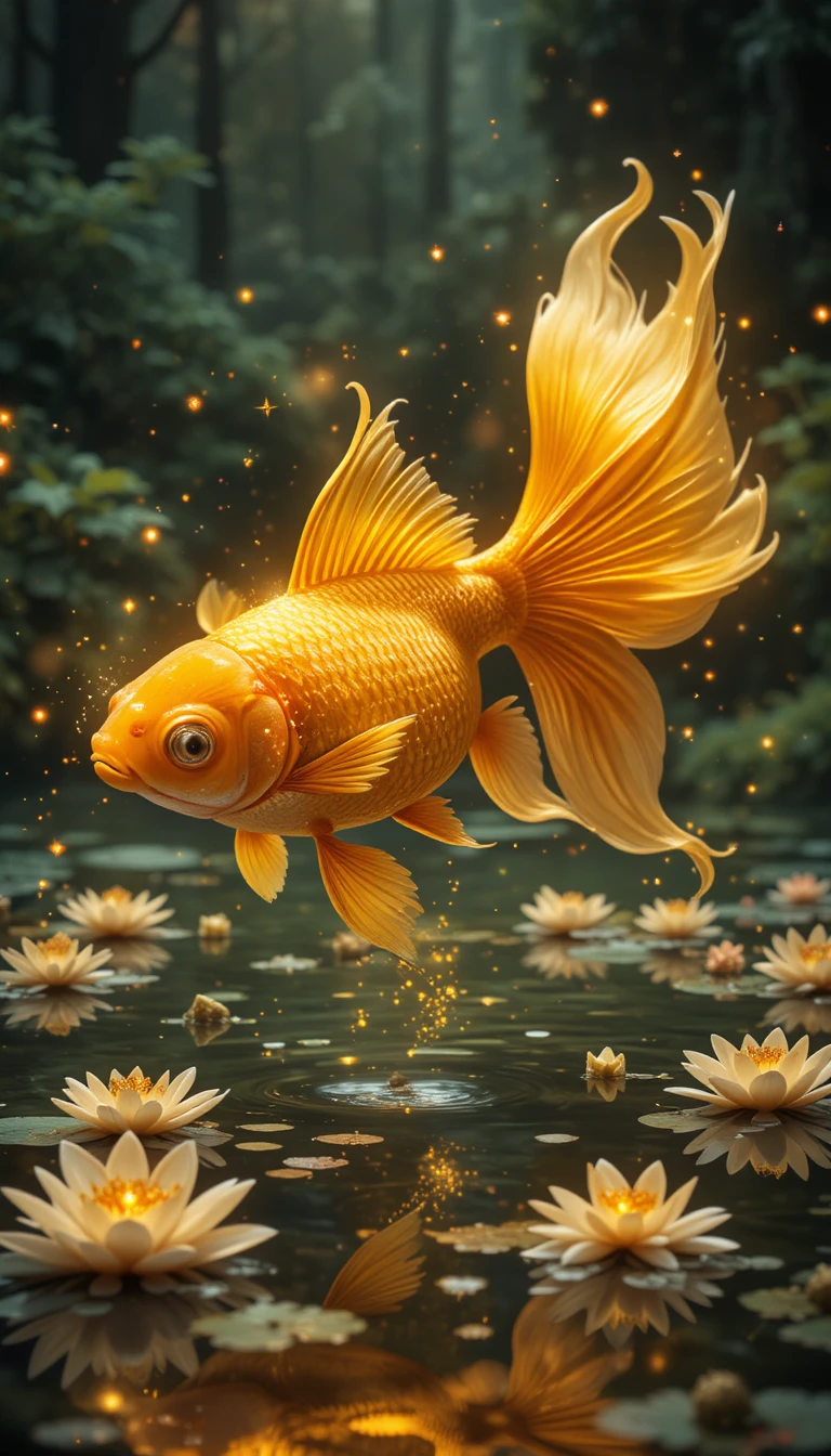 睡蓮池上方的金色蓬鬆尾巴小魚