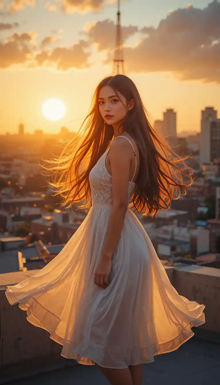 Girl In White Dress On City Rooftop At Sunset