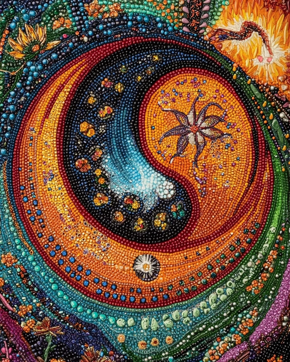 Colorful yin yang tapestry with ornate beaded embroidery