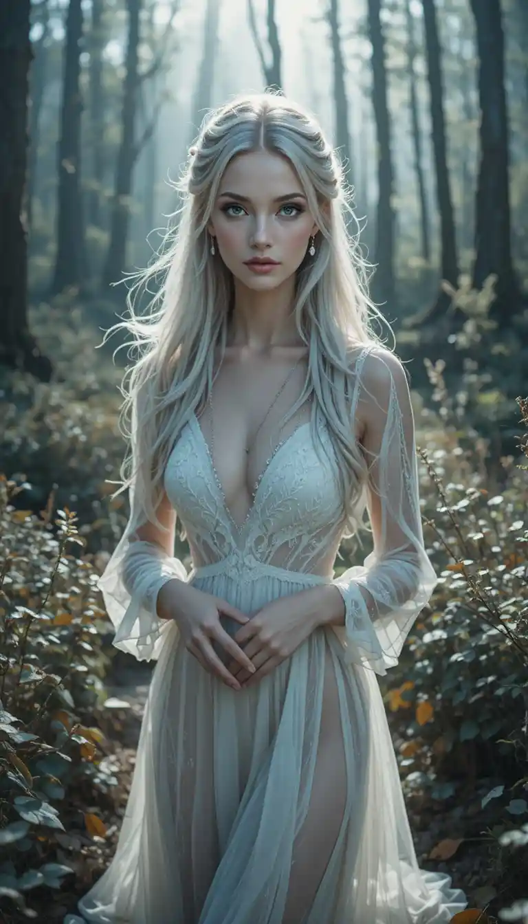 Donna eterea in abito bianco in una natura selvaggia mistica