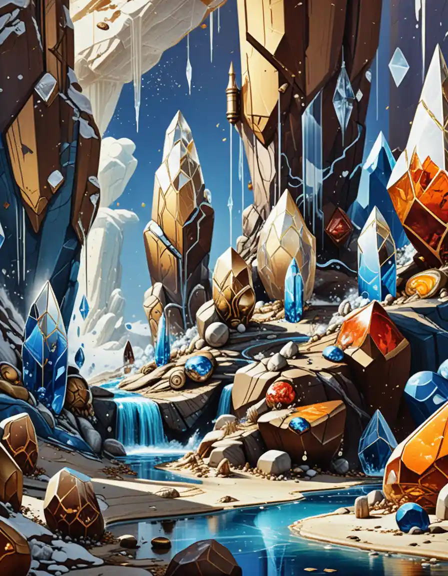 Paysage fantastique avec cristaux géants en perspective surréaliste