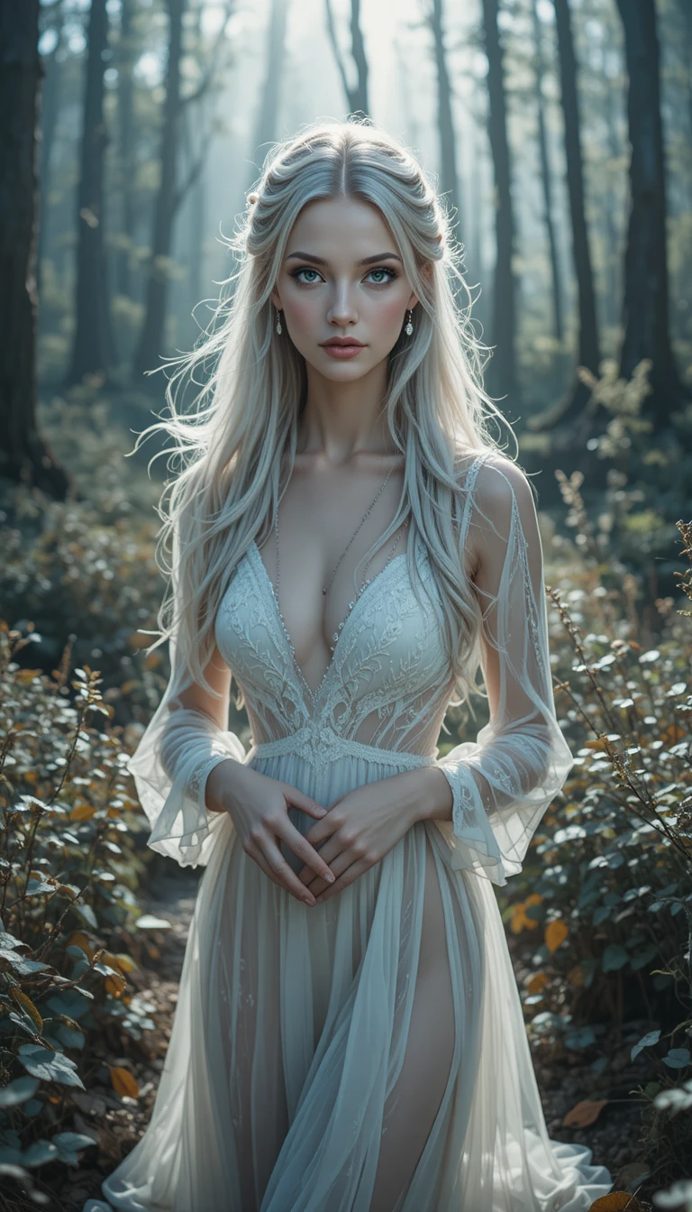 Mulher etérea de vestido branco em selva mística