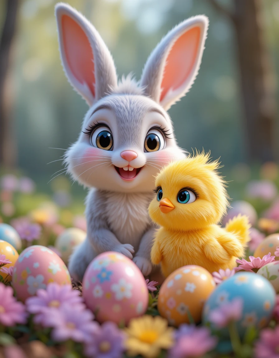 Süßer 3D-Hase und Küken mit bunten Ostereiern