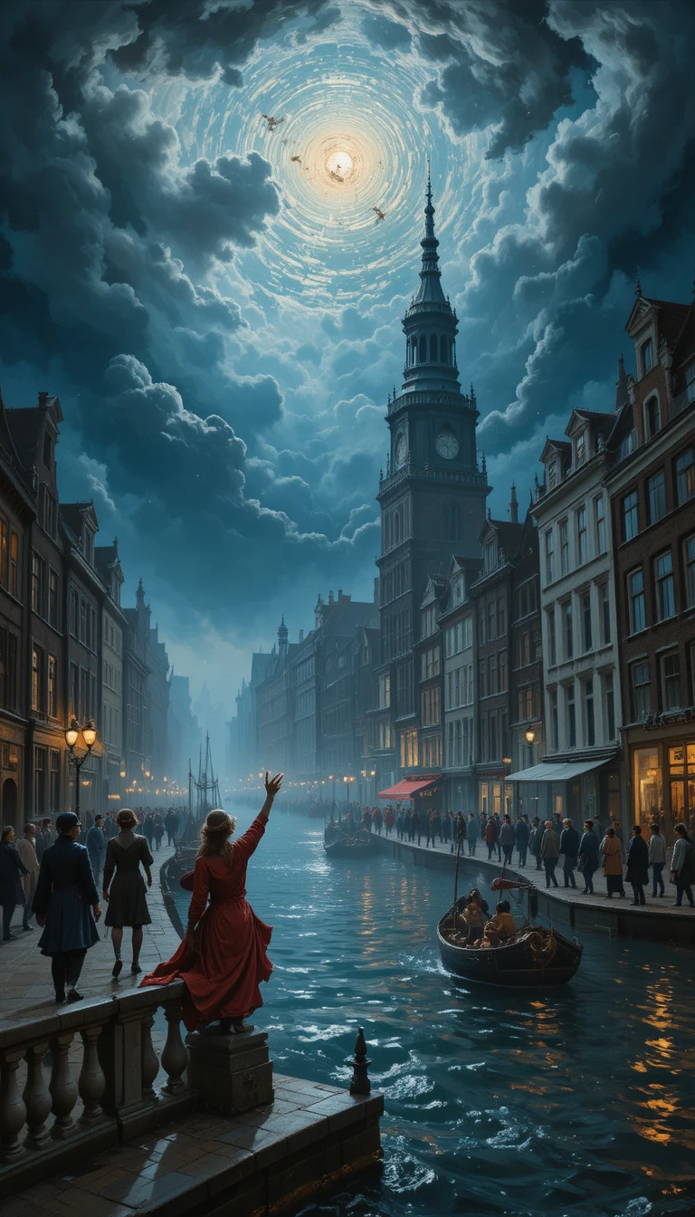 Dramatic Amsterdam canal cityscape with baroque atmosphere