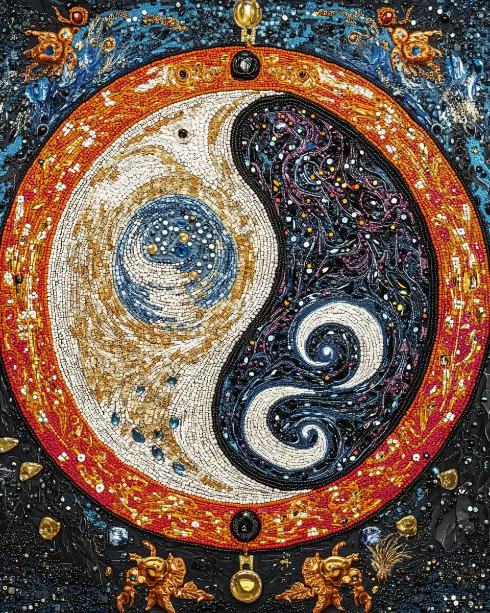 Arazzo yin yang colorato con raffinato ricamo asiatico di perline