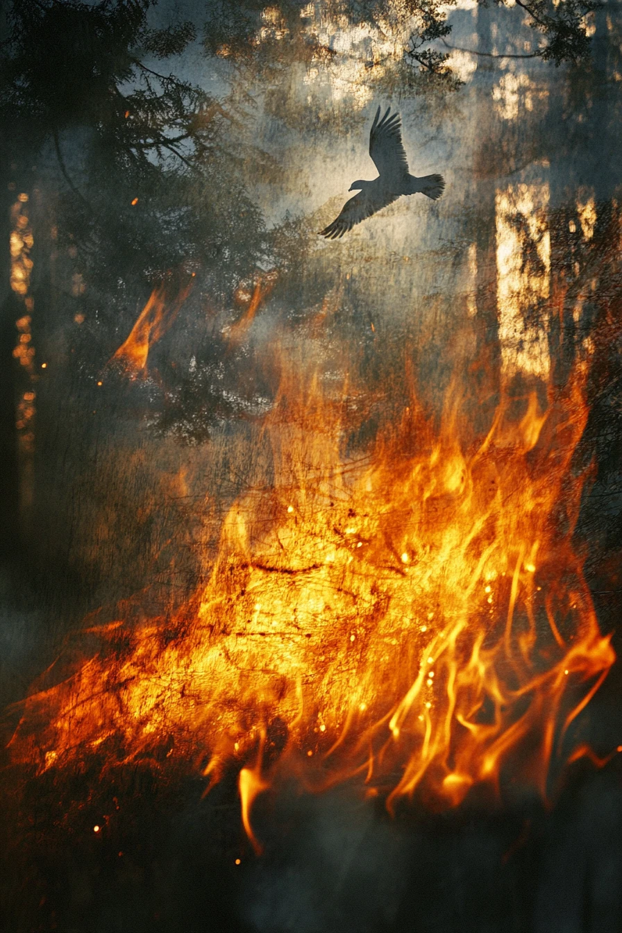 Mystische Eulenerscheinung, die aus lodernden Lagerfeuerflammen emporsteigt