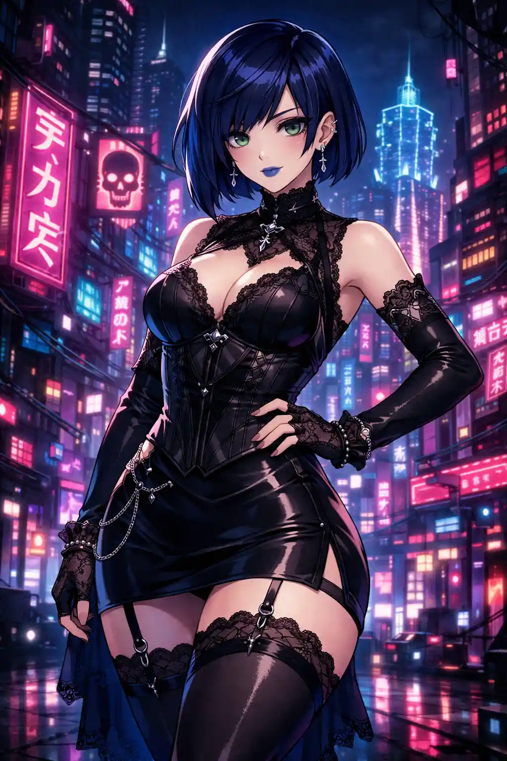 Mujer gótica de anime en escena nocturna de ciudad cyberpunk neón