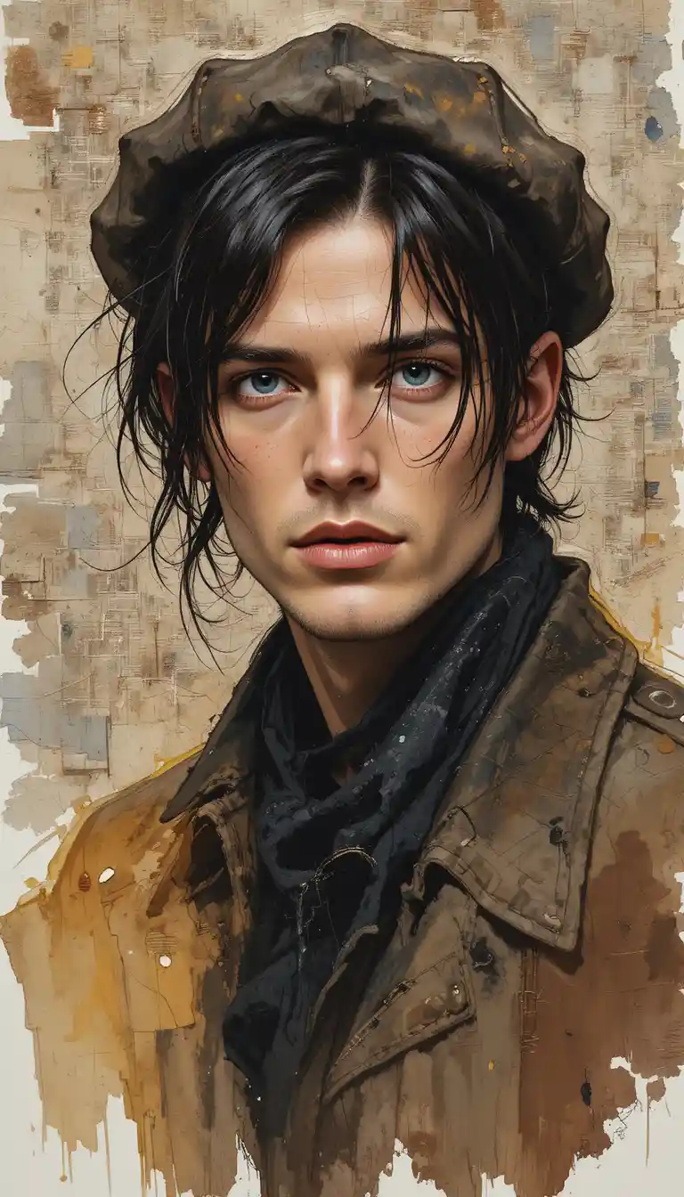 Watercolor portrait of a man in a beret with blue eyes