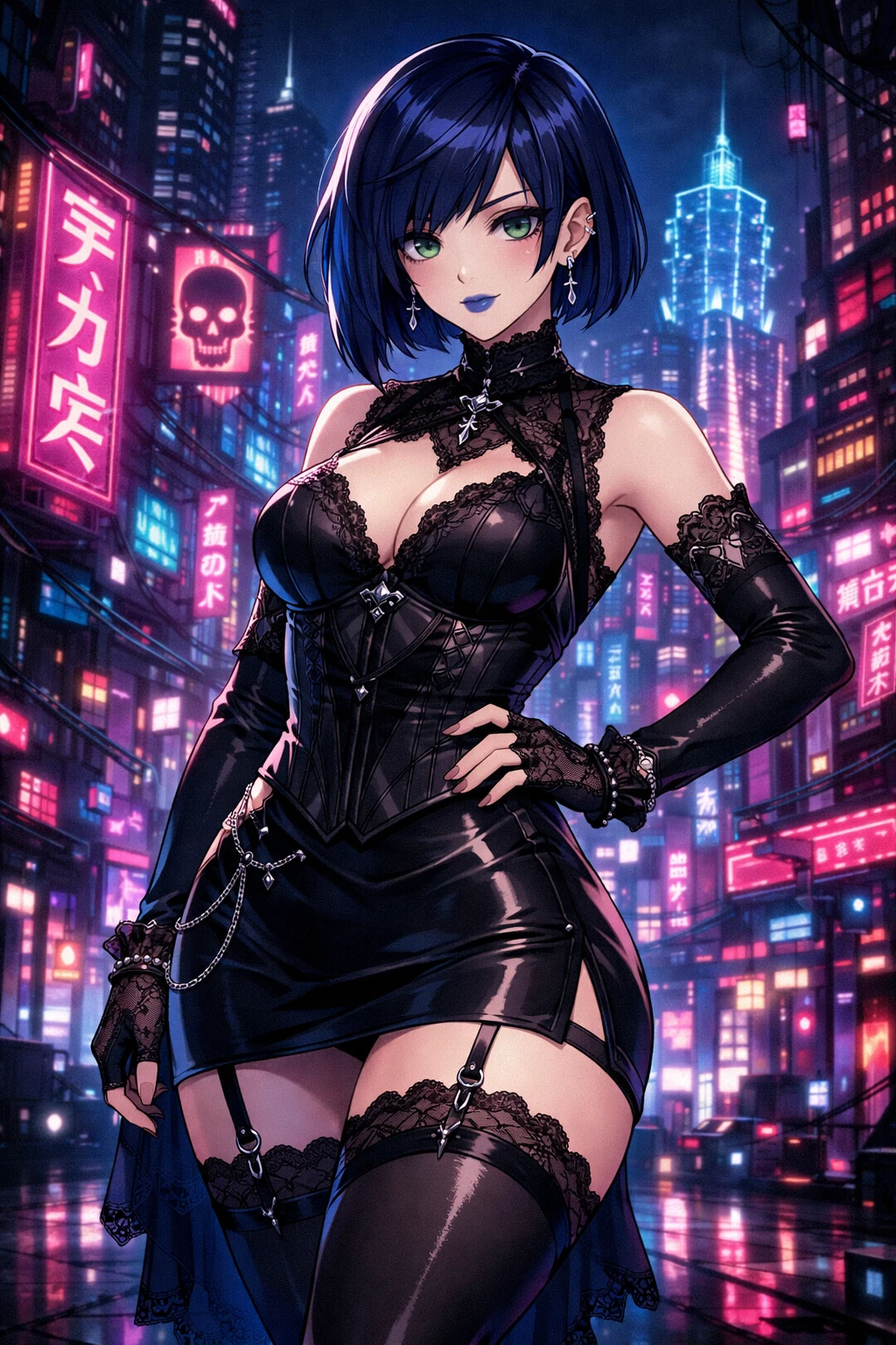 Mujer gótica de anime en escena nocturna de ciudad cyberpunk neón